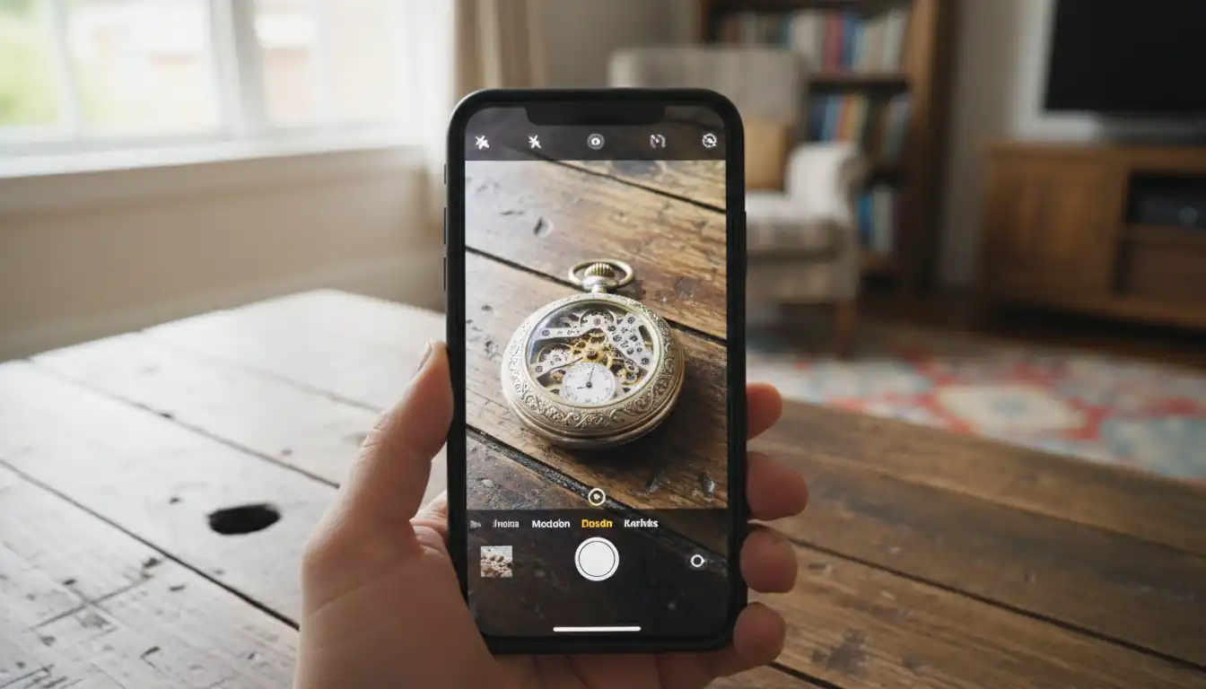 A person using a smartphone to take a close-up photo of a vintage pocket watch on a wooden table.