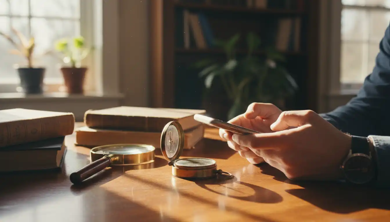 A person using a smartphone app to identify and value a vintage brass compass on a wooden desk.