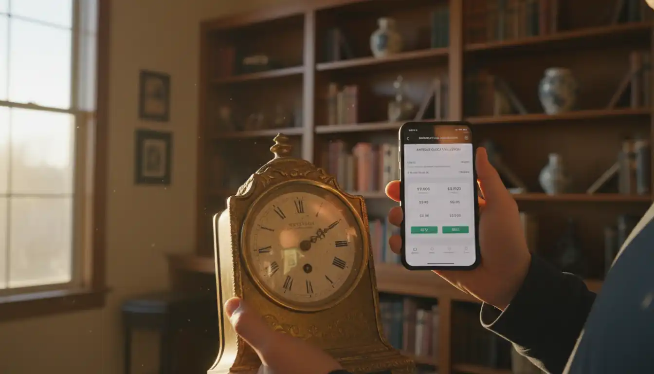 A person using a smartphone app to check the value of a vintage brass mantel clock.