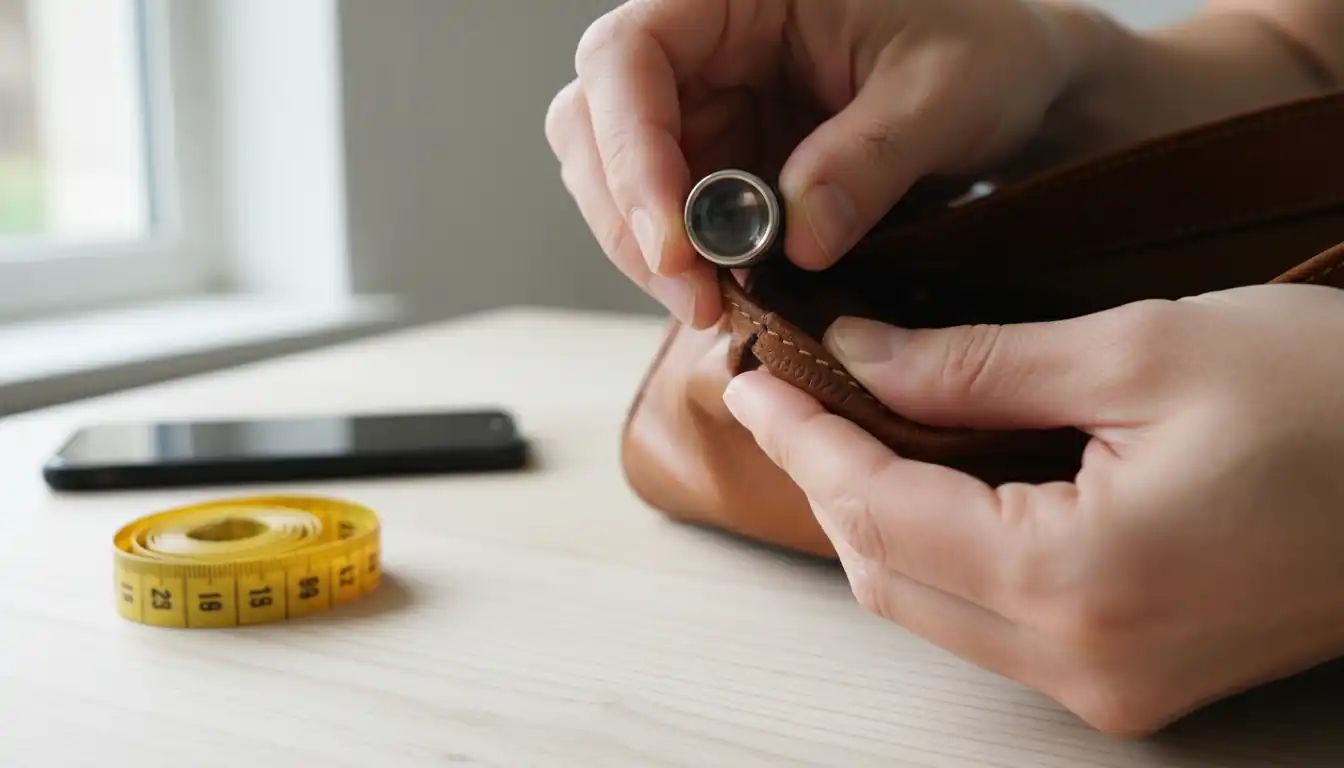 Close-up of hands using a magnifying loupe to inspect the serial number on a vintage leather handbag.