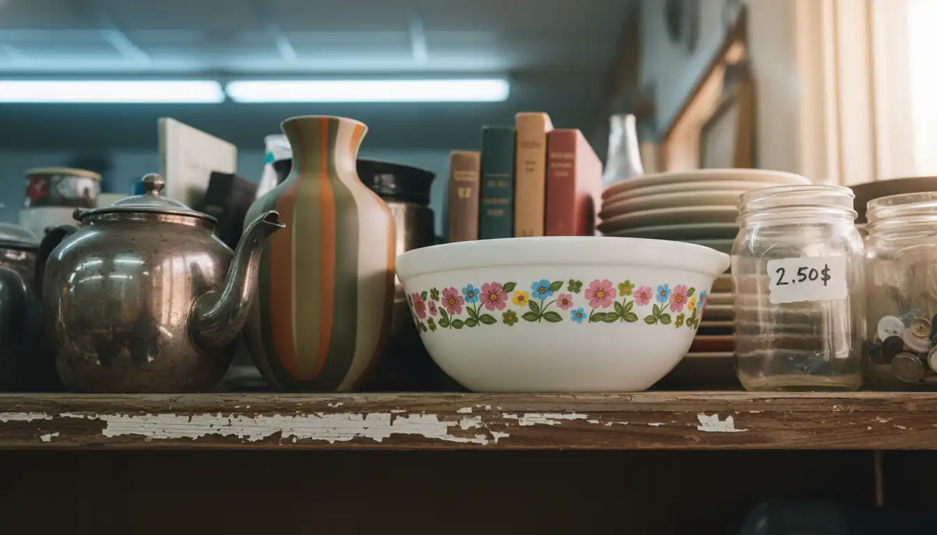 Close-up of vintage glassware and ceramics on a wooden thrift store shelf under natural light.