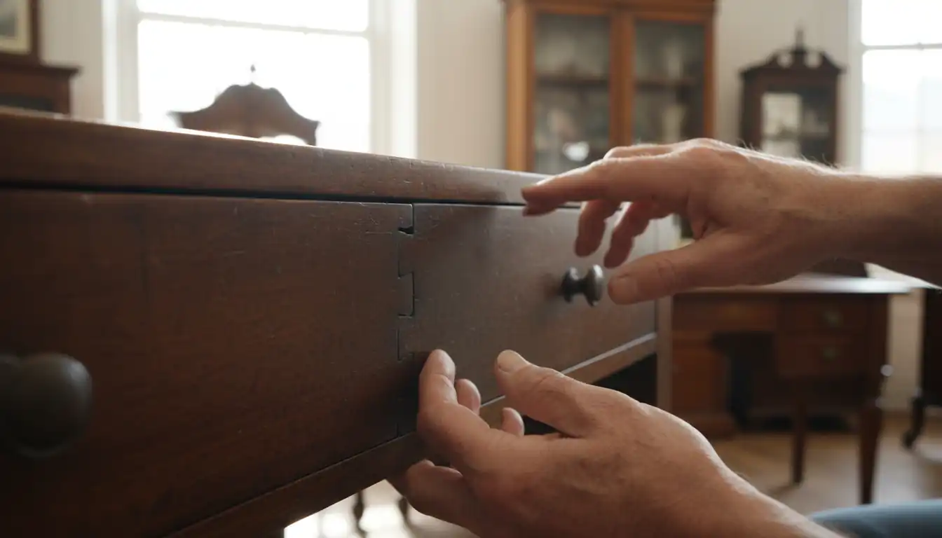 Close-up of hand-cut dovetail joints on an antique wooden drawer being examined in a shop.