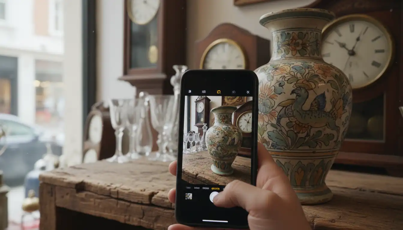 Hand holding a smartphone to photograph a vintage ceramic vase on a wooden shelf in an antique store.