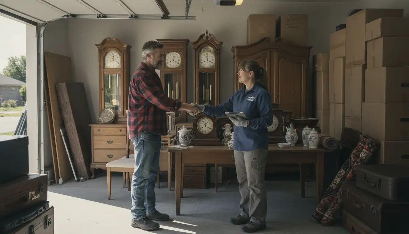 An antique dealer shaking hands with an estate sale manager in a garage filled with vintage items.