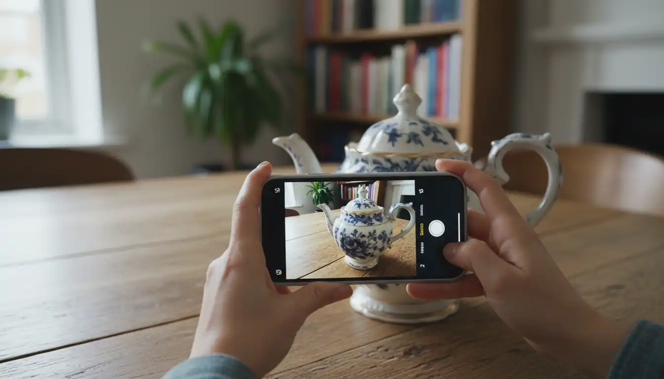 A person using a smartphone to photograph an antique ceramic teapot on a wooden table for appraisal.