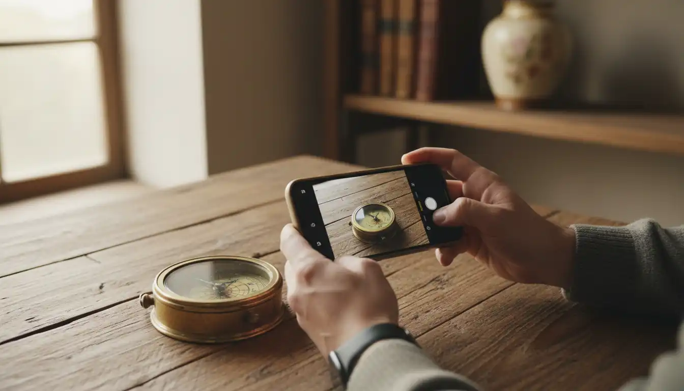 A person using a smartphone to photograph a vintage brass compass on a wooden table for an online sale.