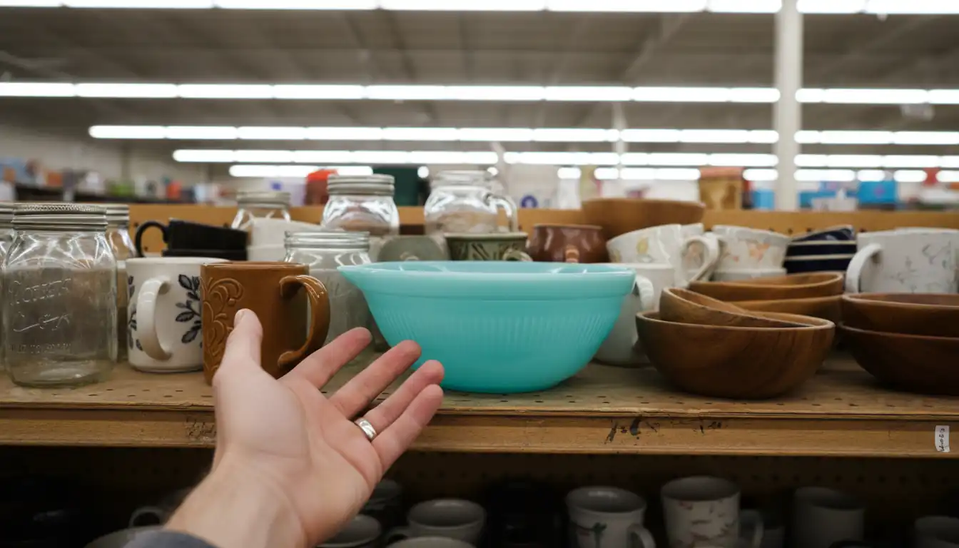 A person's hand reaching for a vintage turquoise Pyrex bowl on a crowded thrift store shelf.