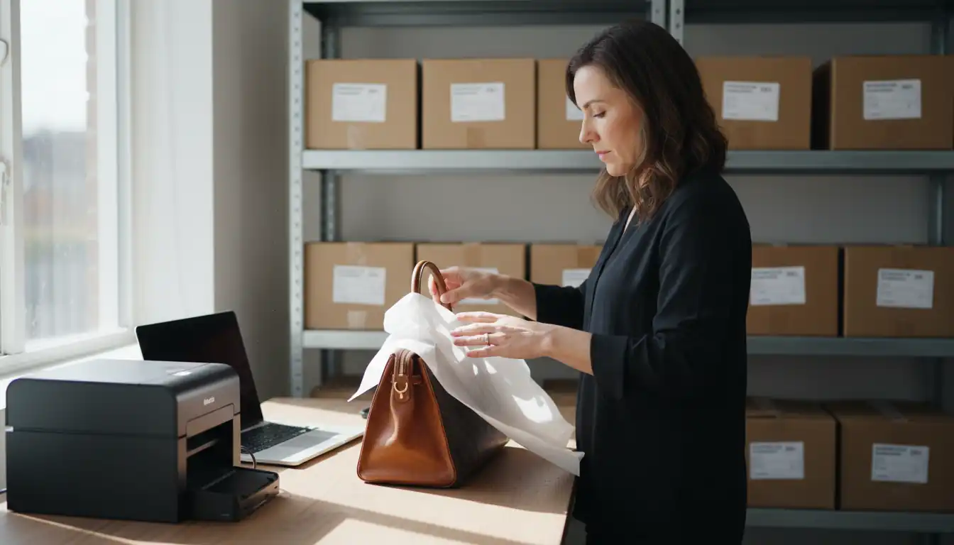 A professional reseller packing a designer handbag at an organized shipping station in a home office.