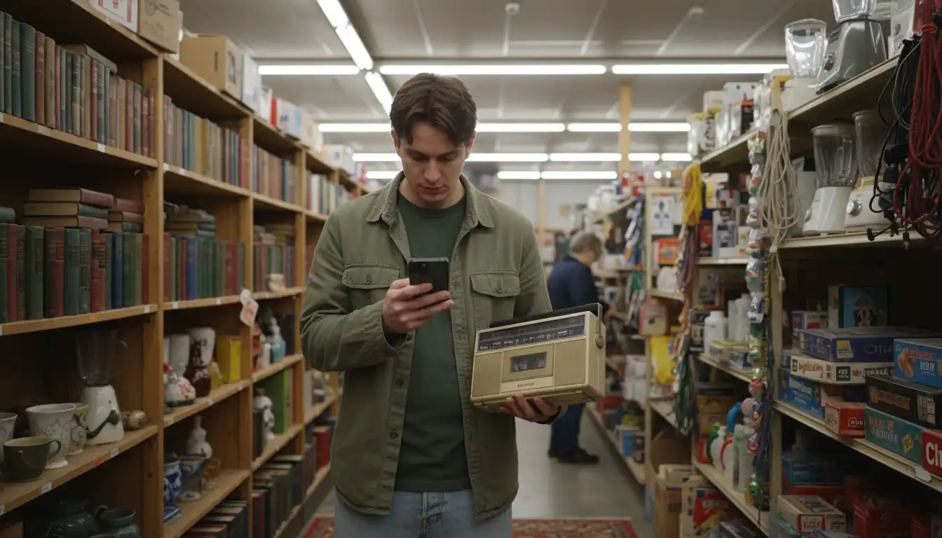 A person using a smartphone to scan a vintage item in a crowded thrift store aisle.