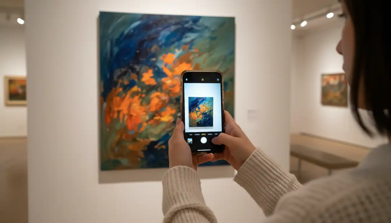 A person using a smartphone to identify an abstract painting in a brightly lit art gallery.