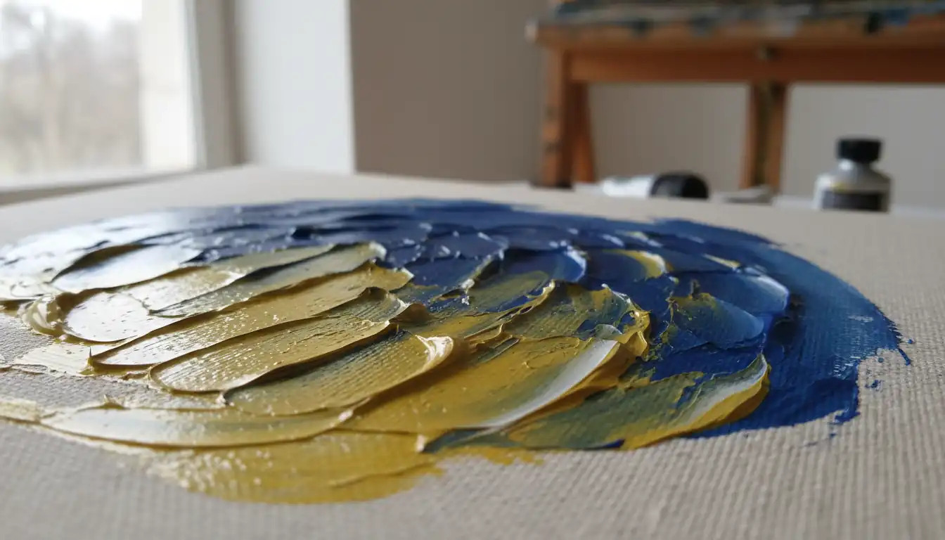 Macro shot of a textured oil paint brushstroke on a linen canvas in a brightly lit studio.