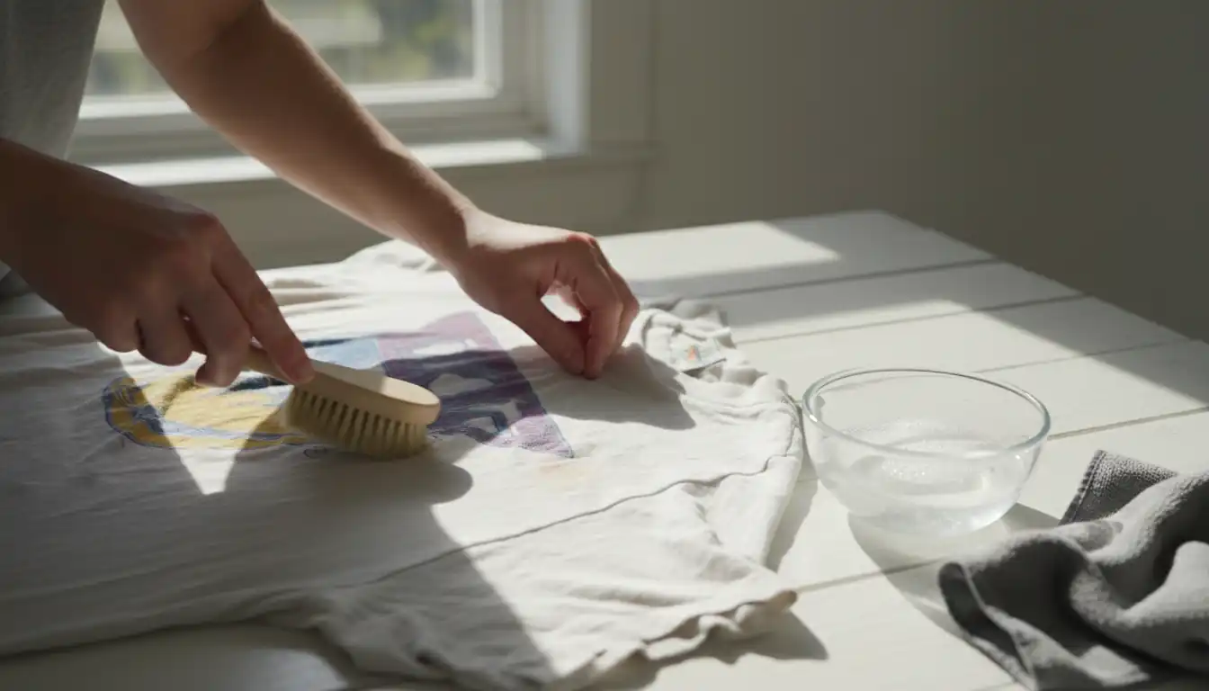 Hands using a soft brush to clean a stain on a vintage graphic t-shirt on a wooden table.