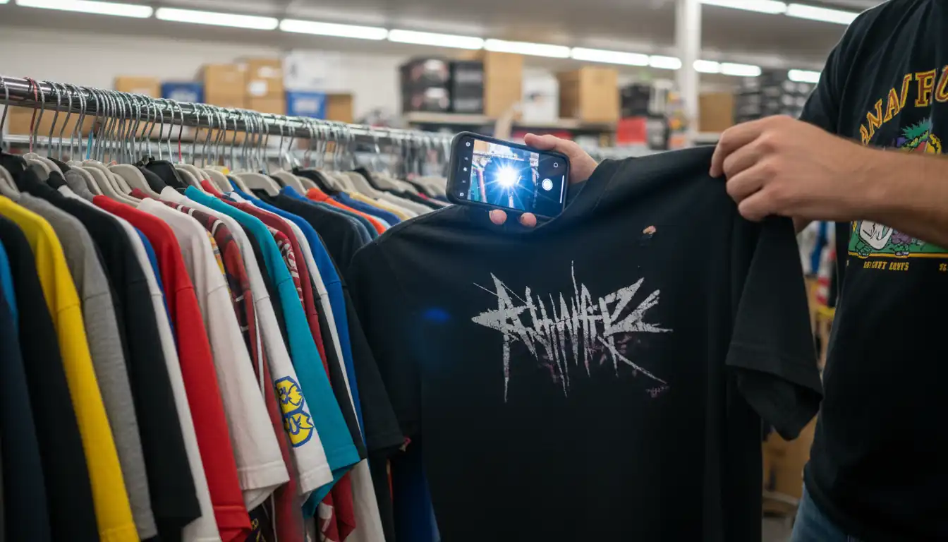 Hands flipping through vintage t-shirts on a rack while using a smartphone to research a shirt.