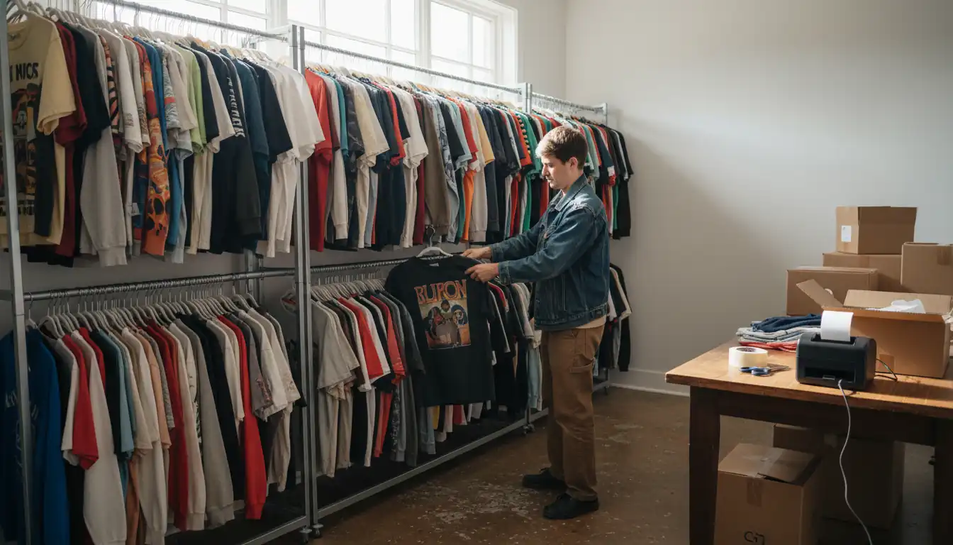A person organizing vintage t-shirts on a large industrial rack in a professional home reselling studio.