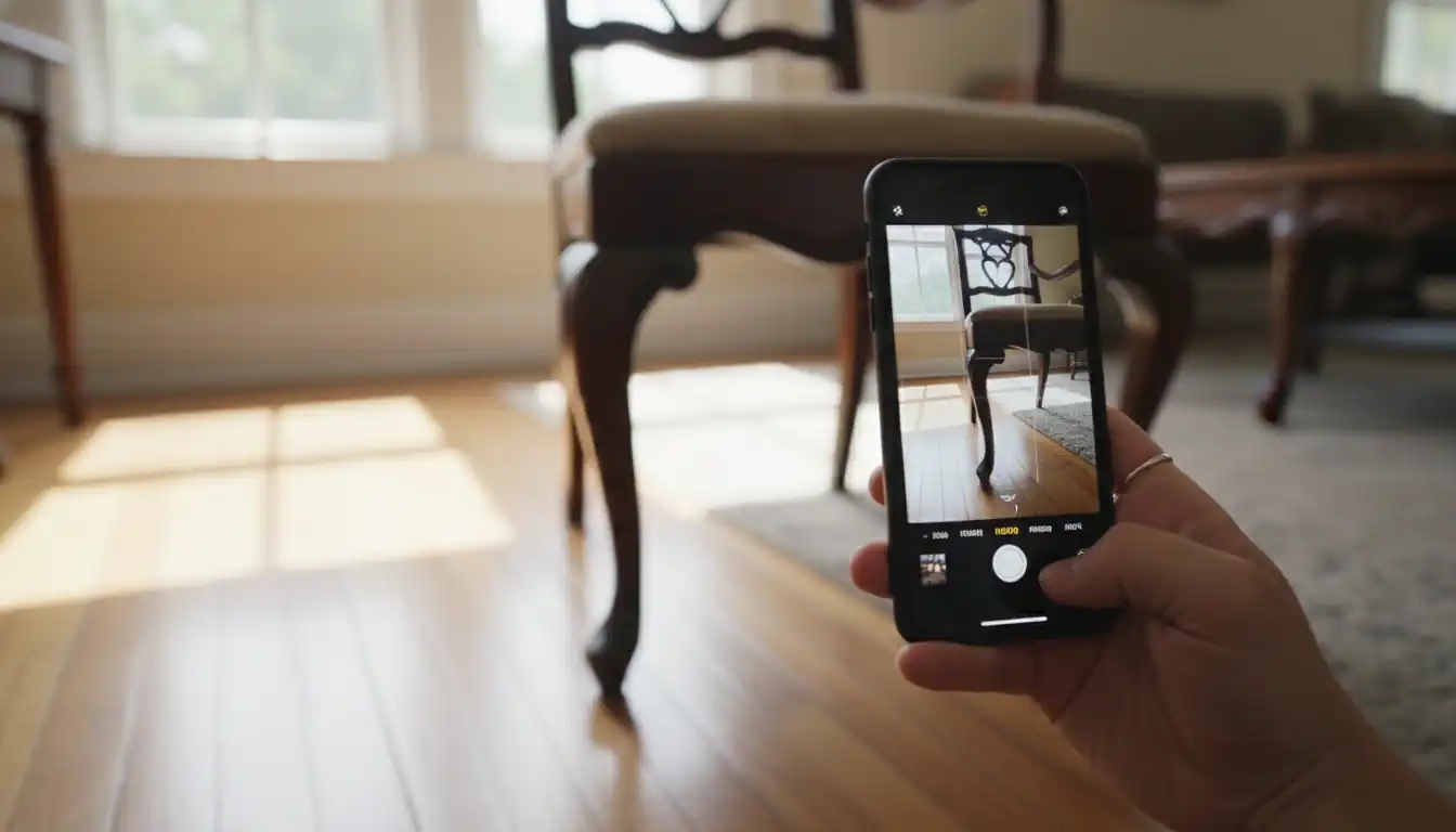 A person using a smartphone to photograph a carved antique chair leg for identification in a bright room.