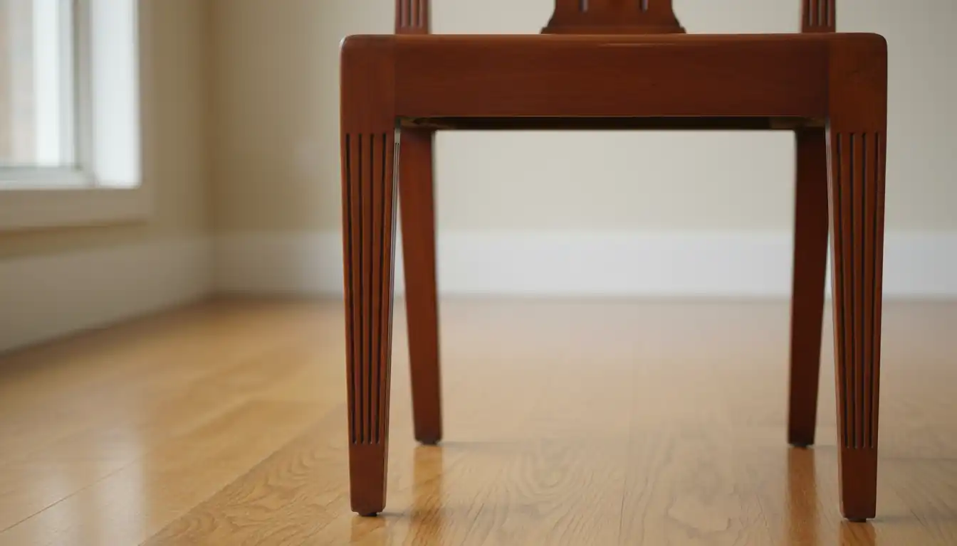 Close-up of Neoclassical mahogany chair legs with tapered fluting and spade feet on a hardwood floor.