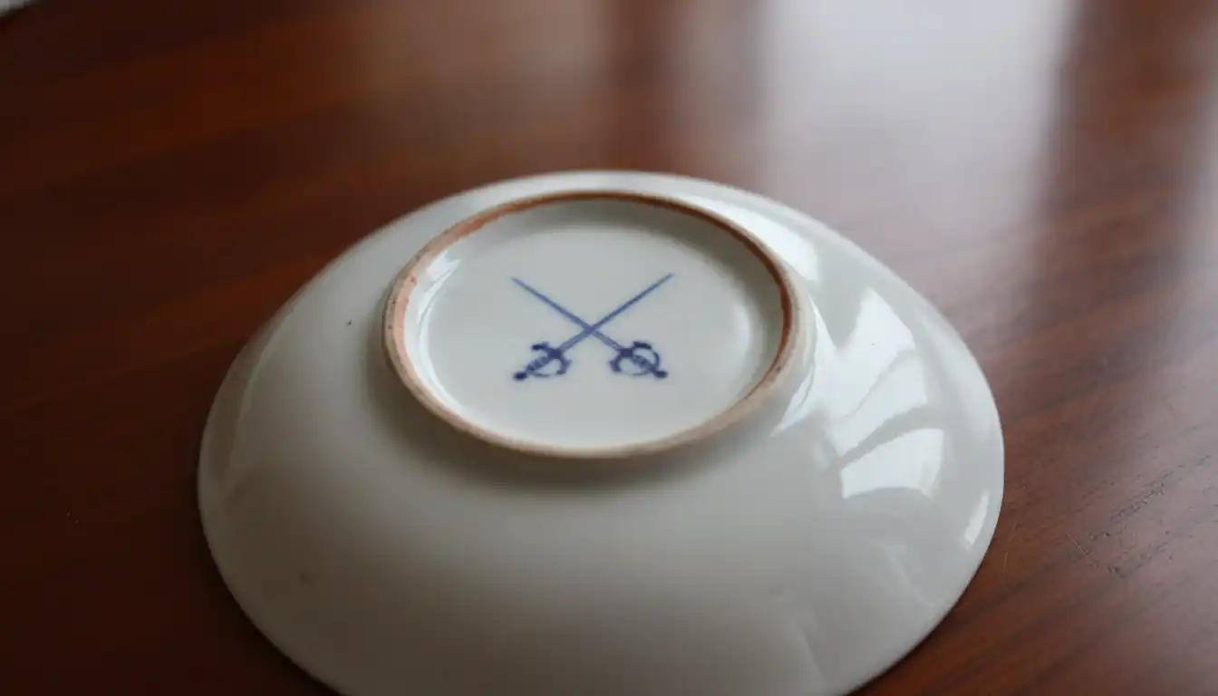 Close-up of a cobalt blue crossed-swords mark on the bottom of an antique porcelain plate.