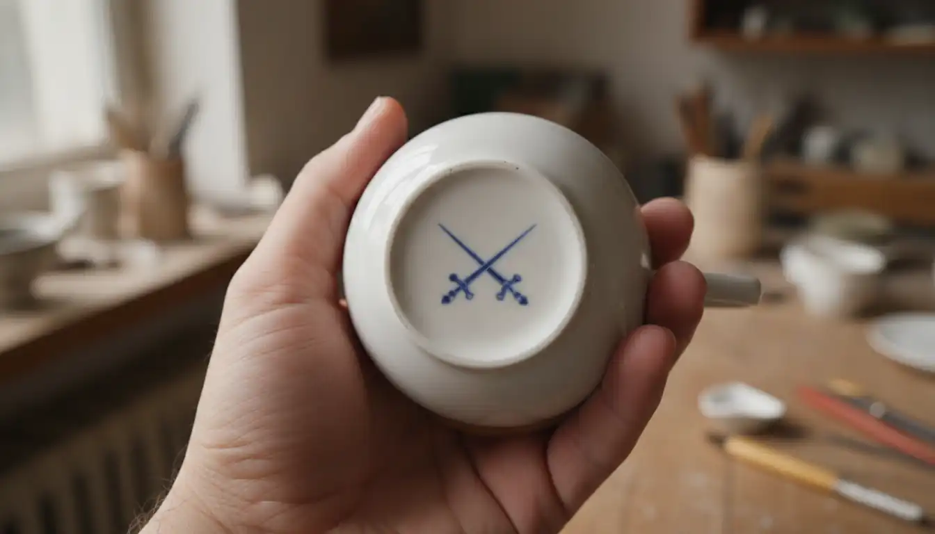 Close-up of a hand holding a Meissen porcelain cup to reveal the blue crossed swords mark on the base.