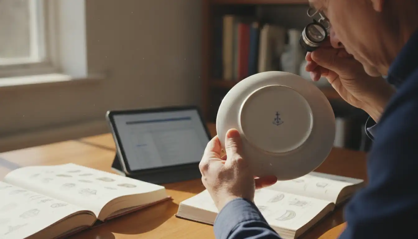 Professional appraiser using a magnifying loupe to inspect a mark on a porcelain plate.