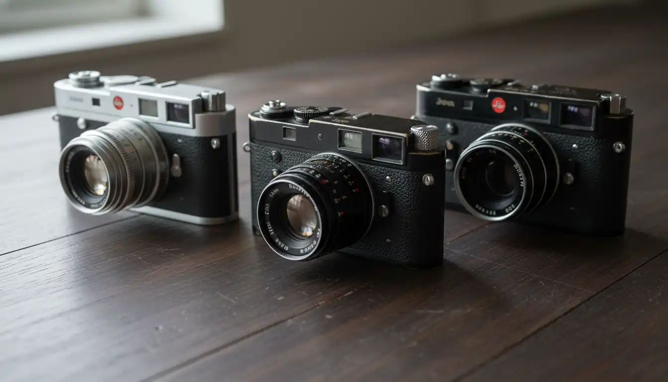 Three vintage Leica rangefinder cameras arranged on a wooden desk, showing different models and lens types.