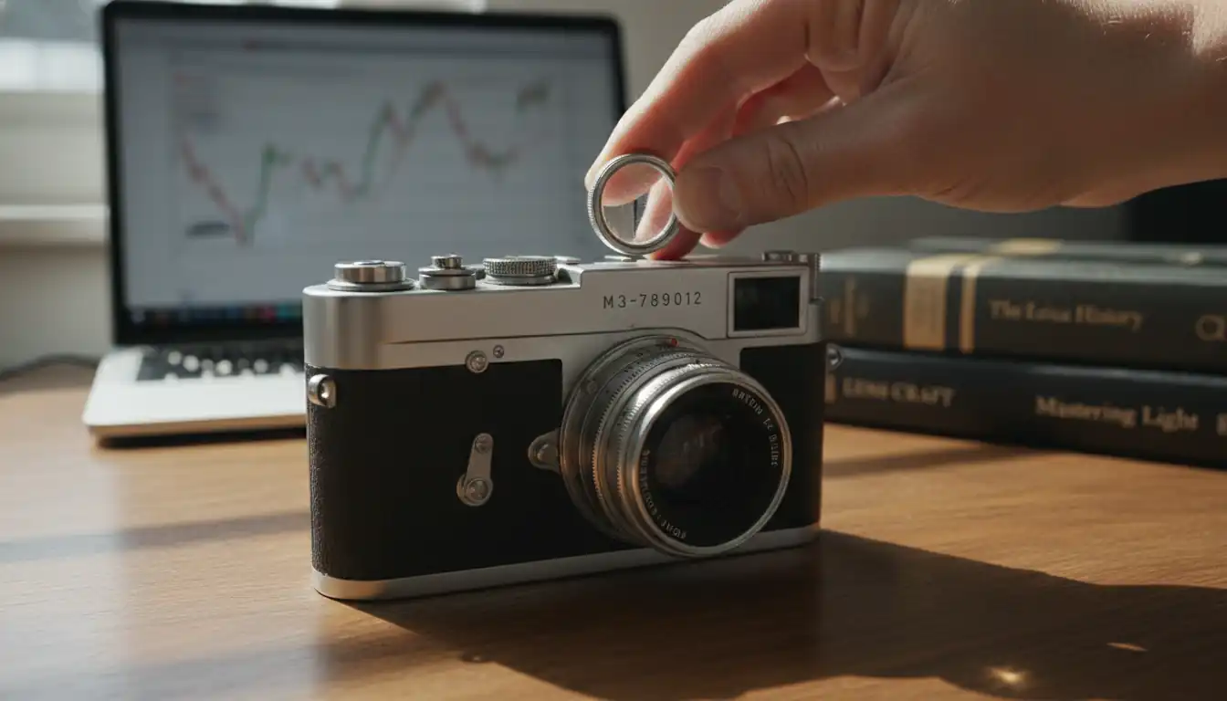 A vintage Leica camera being inspected with a magnifying loupe on a wooden desk with market charts.