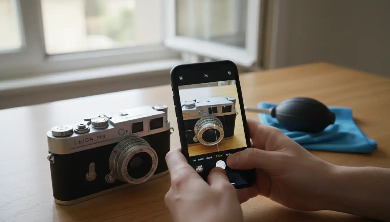 A person using a smartphone to photograph a vintage Leica camera for an online sales listing.