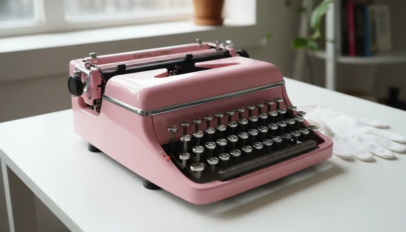 A pristine vintage pink Smith-Corona typewriter on a white table with white collector's gloves nearby.