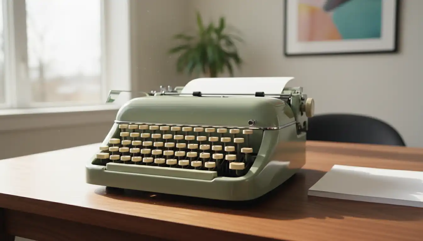 A mint-green vintage Hermes 3000 typewriter on a wooden desk in natural light.