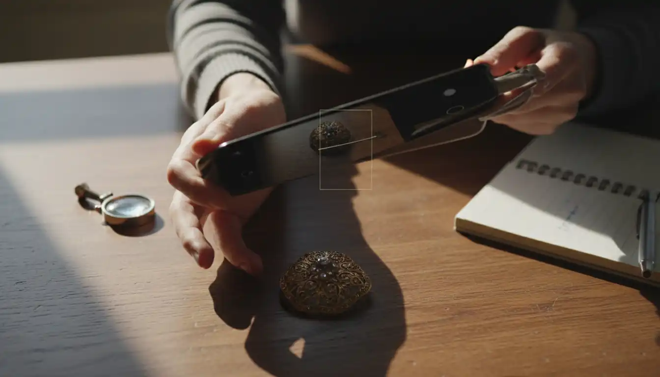 Hands holding a smartphone to photograph a vintage gold brooch on a wooden table for visual search.