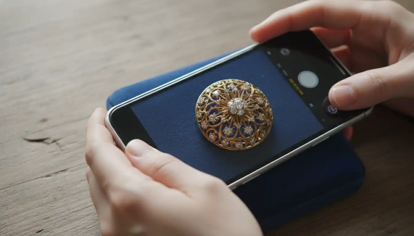 A person using a smartphone to photograph a vintage gold brooch on a velvet pad.