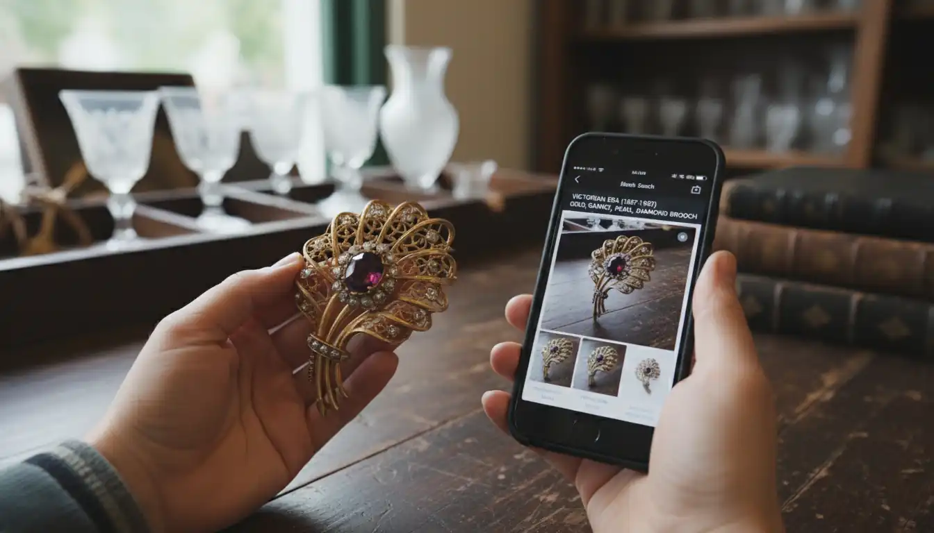 A person holding a Victorian brooch next to a smartphone displaying visual search results in an antique shop.