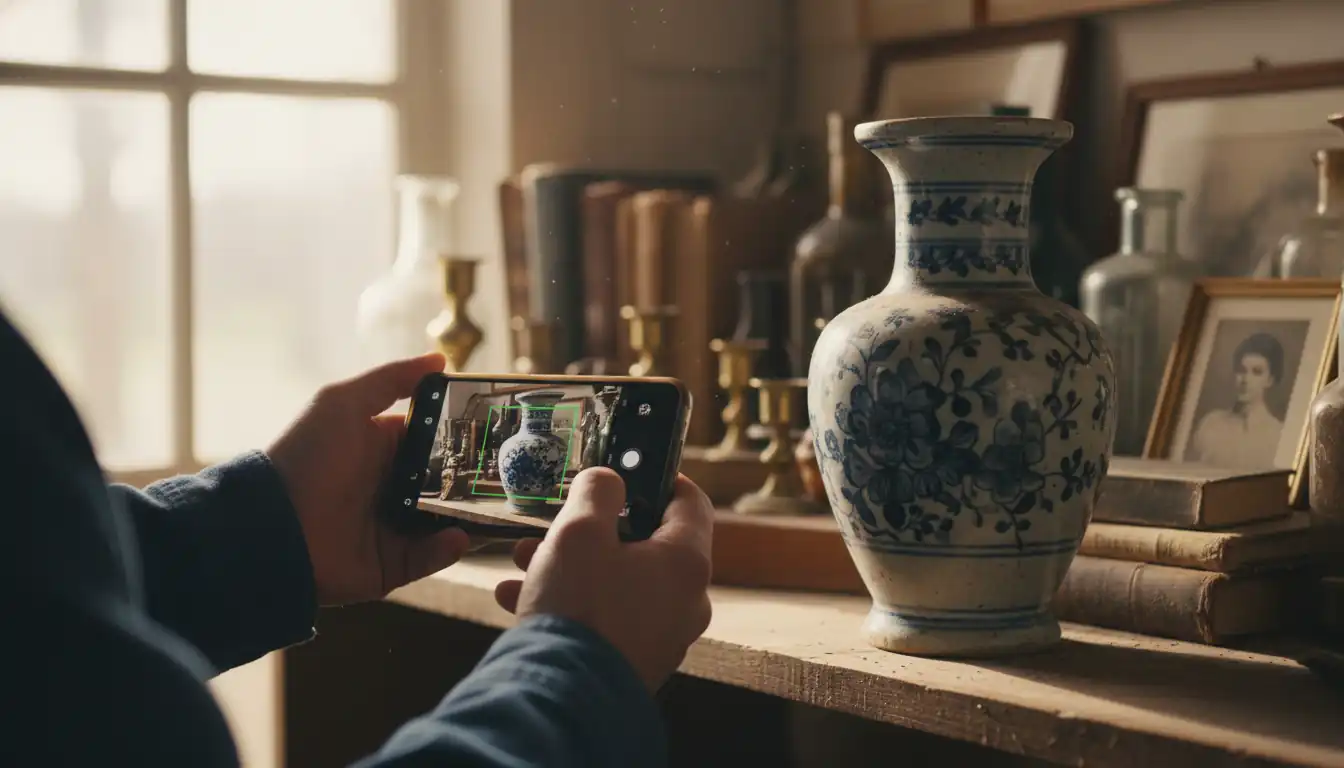 A person using a smartphone camera to identify a vintage ceramic vase in a sunlit antique shop.