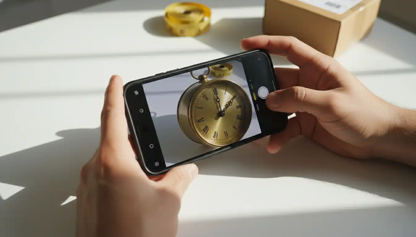 Person using a smartphone to photograph a vintage brass clock for an online resale listing.