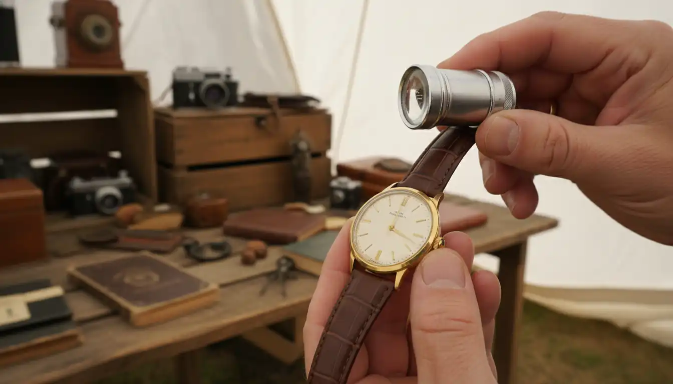 Hands inspecting a vintage mechanical watch with a jeweler's loupe at an outdoor antique market.