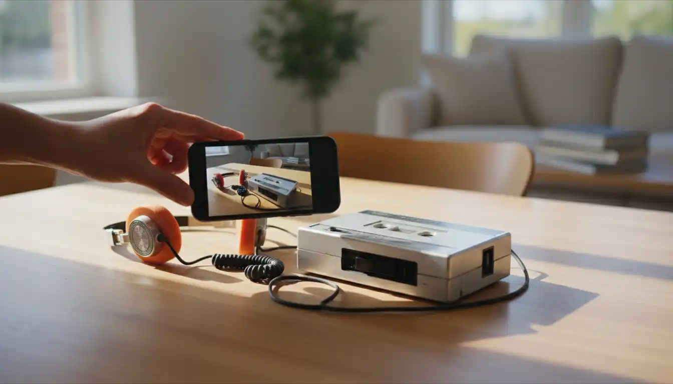 A person using a smartphone to photograph a vintage cassette player on a wooden table for resale.