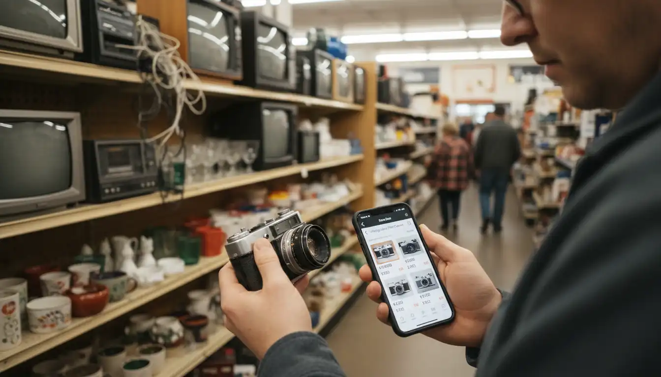A person in a thrift store using a smartphone to research the resale value of a vintage camera.