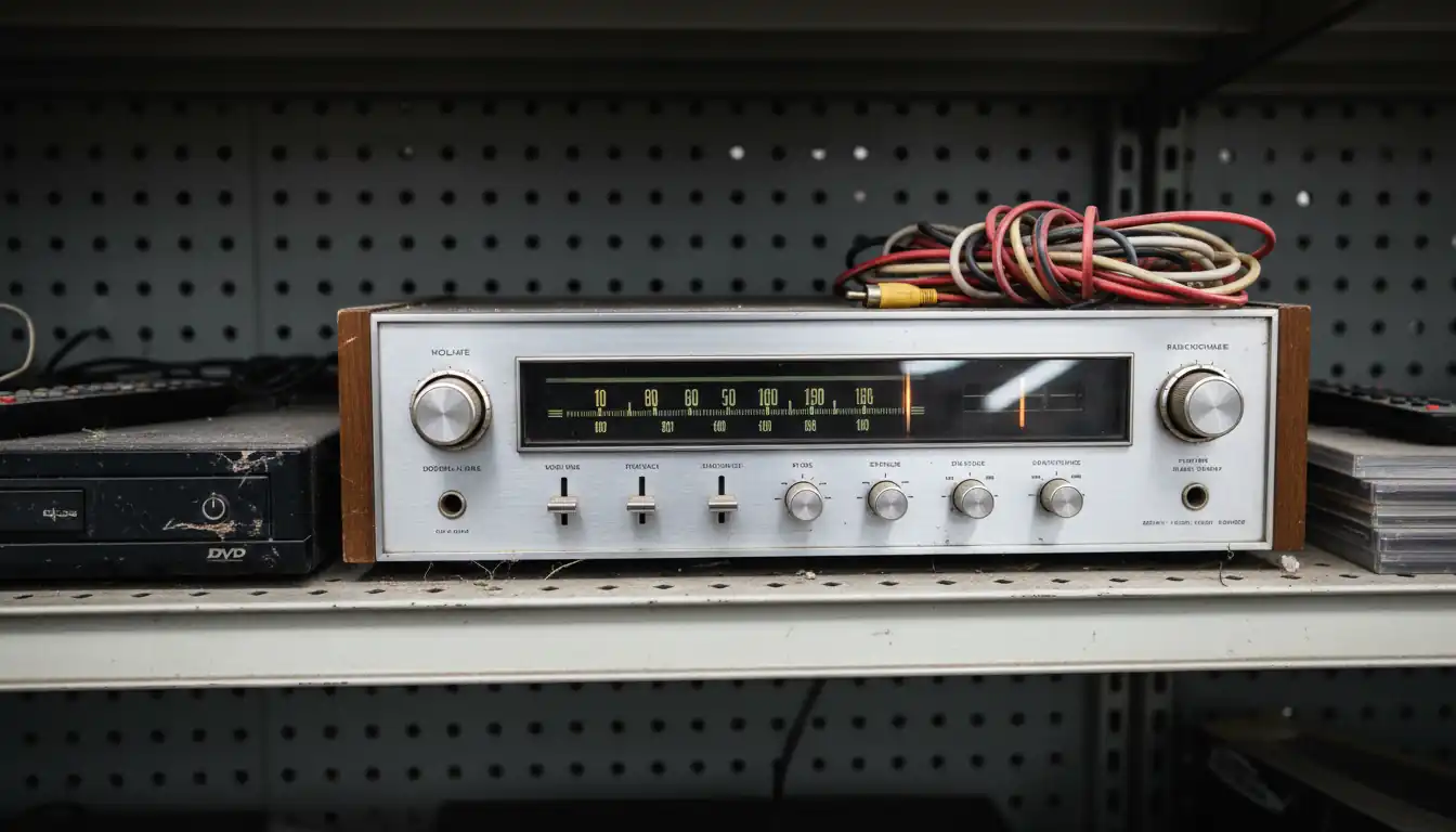 A vintage high-end stereo receiver sitting on a cluttered metal thrift store shelf among common electronics.