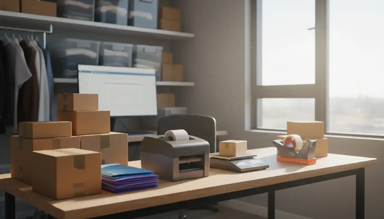A home shipping station featuring a digital scale, label printer, and organized boxes for a resale business.
