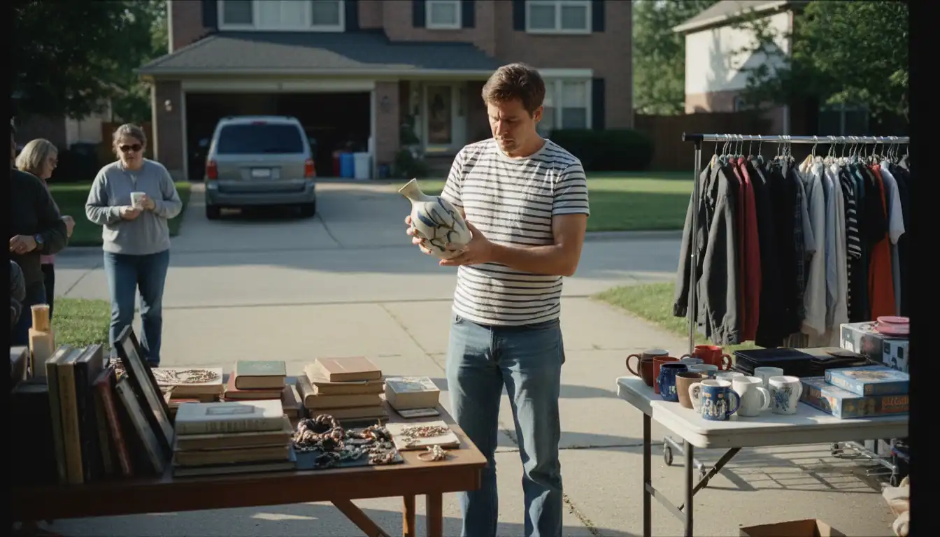 A person inspecting a vintage vase at a suburban garage sale with tables of household items.