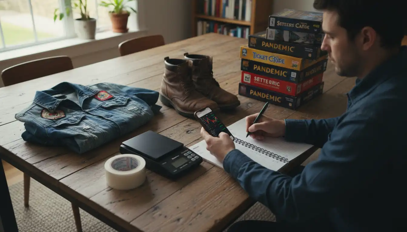 A person at a table inspecting thrifted items and writing profit calculations in a notebook.