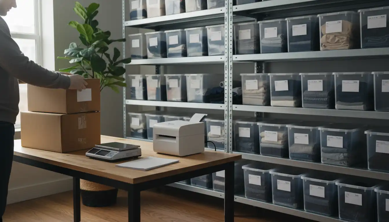 A professional home shipping station with organized inventory bins, a thermal printer, and packages ready for delivery.