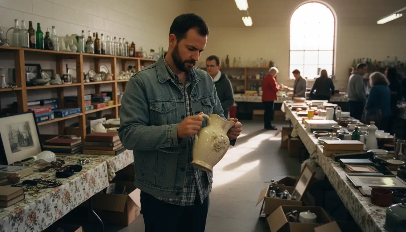 A person inspecting a vintage ceramic pitcher at a community center rummage sale with folding tables.