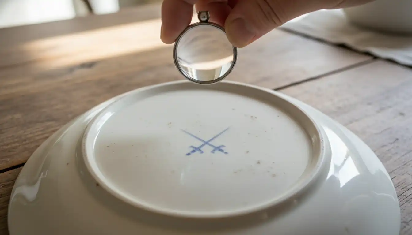 Close-up of an antique porcelain plate's underside showing a blue hand-painted maker's mark on a wooden table.