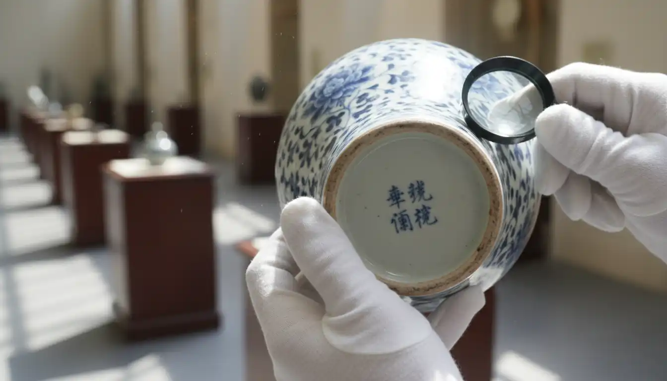 An appraiser in white gloves inspecting the mark on the base of a rare porcelain vase.