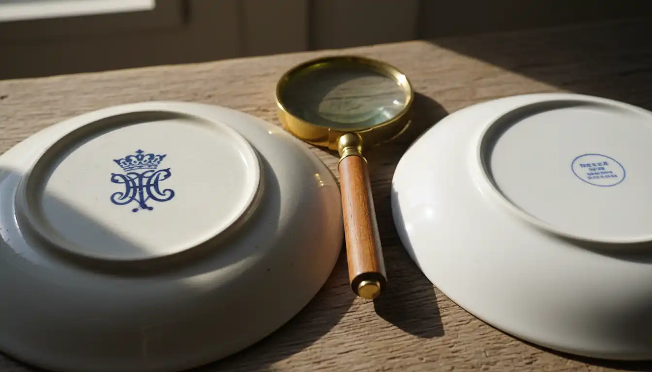 Close-up of two ceramic plates showing the difference between an authentic hand-painted pottery mark and a printed replica.