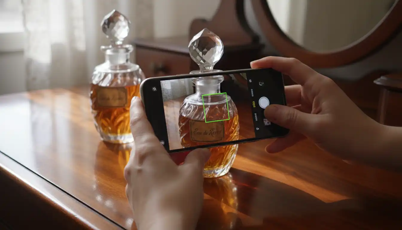 A person using a smartphone to photograph a vintage perfume bottle on a wooden vanity.