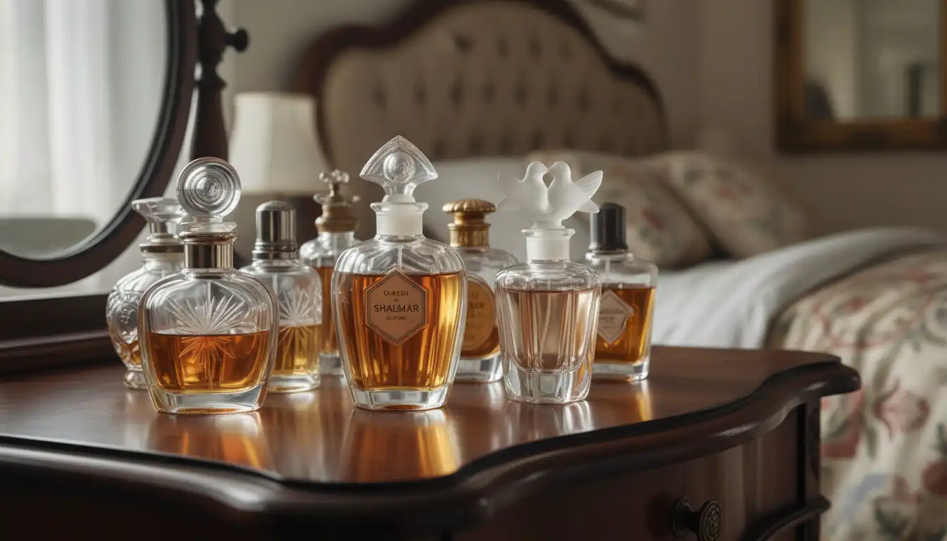 A collection of rare vintage and niche perfume bottles displayed on a wooden vanity table in natural light.