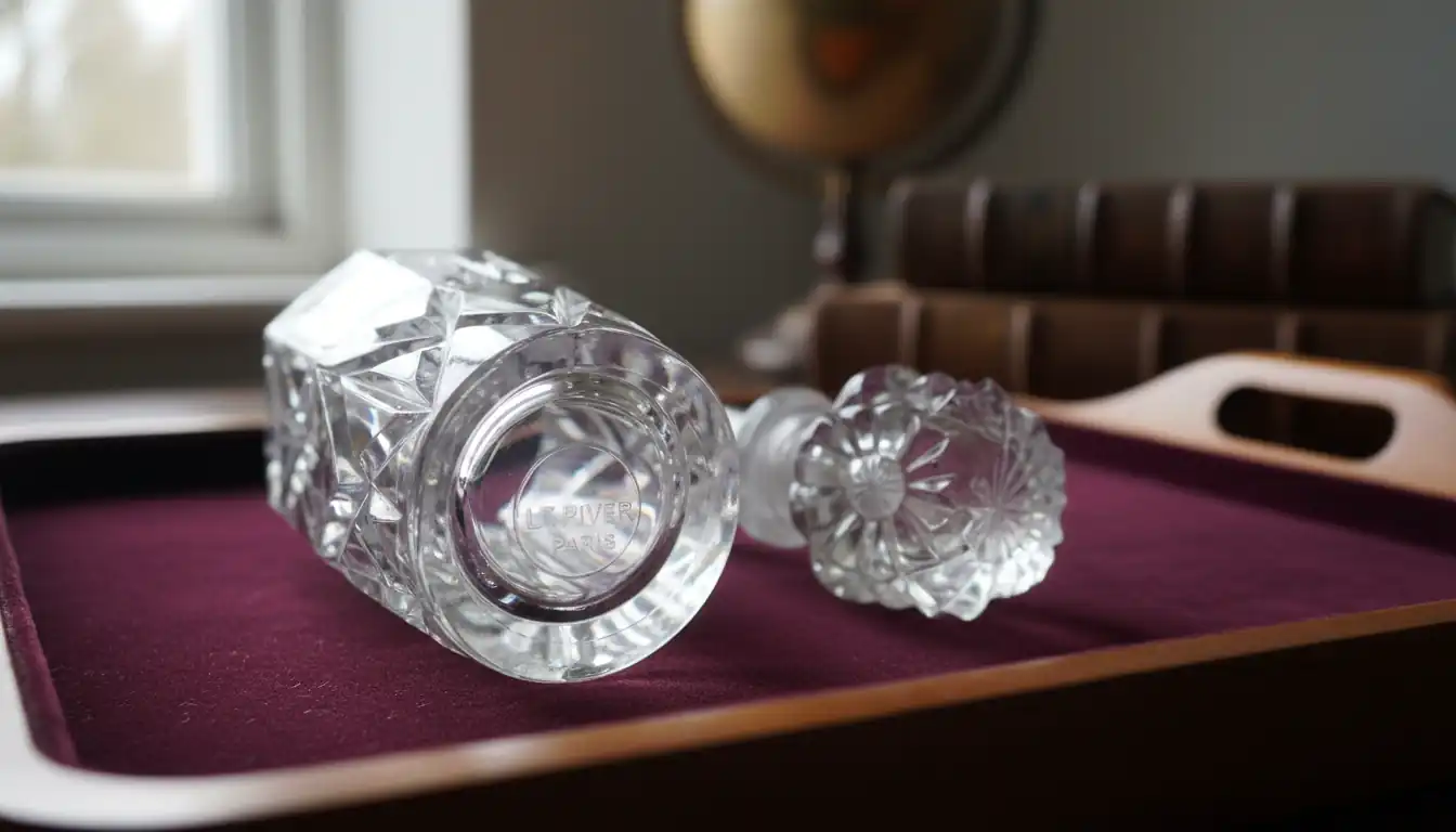 Close-up of a vintage crystal perfume bottle showing an etched signature and ground glass stopper.