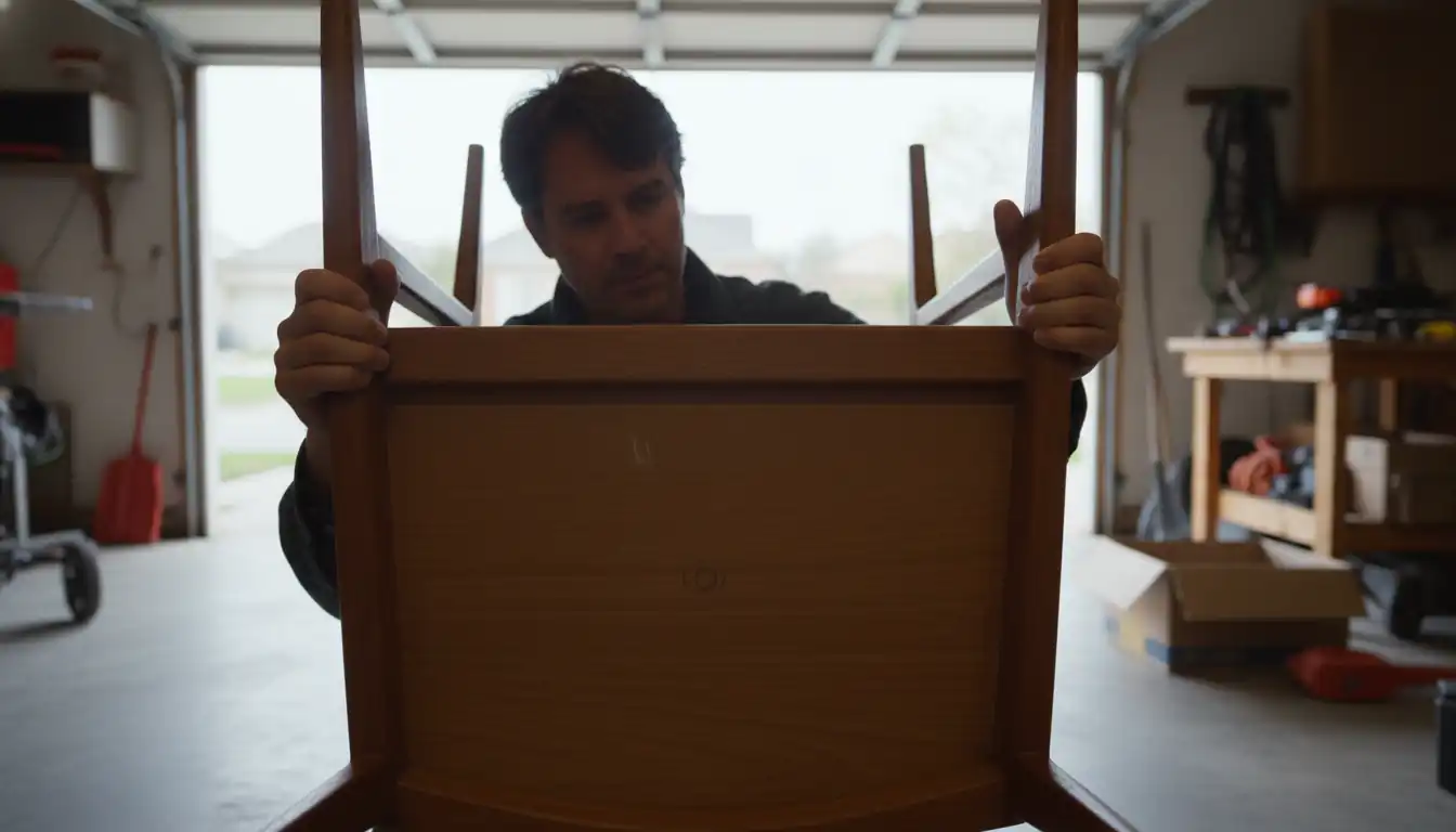 Hands inspecting the underside of a vintage wooden chair for a maker's mark in a garage.