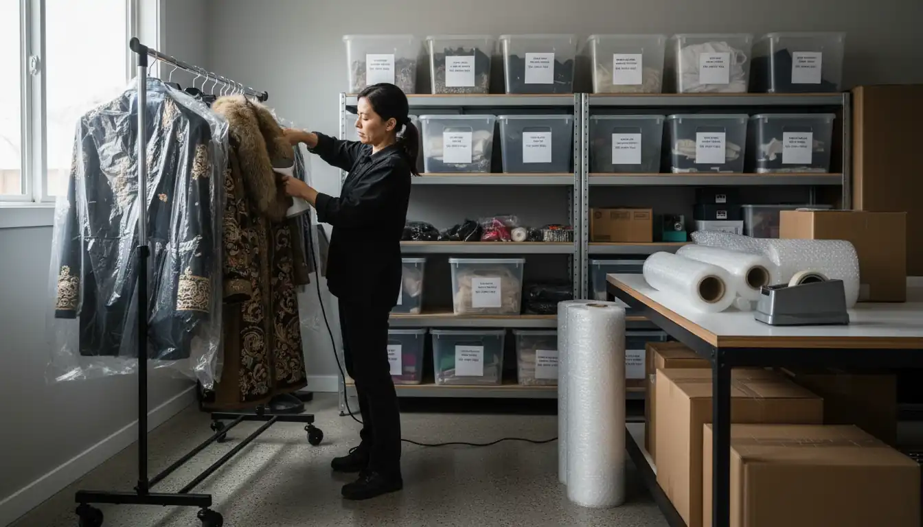 A person using a garment steamer on a vintage coat in a professional home workshop with organized inventory shelves.